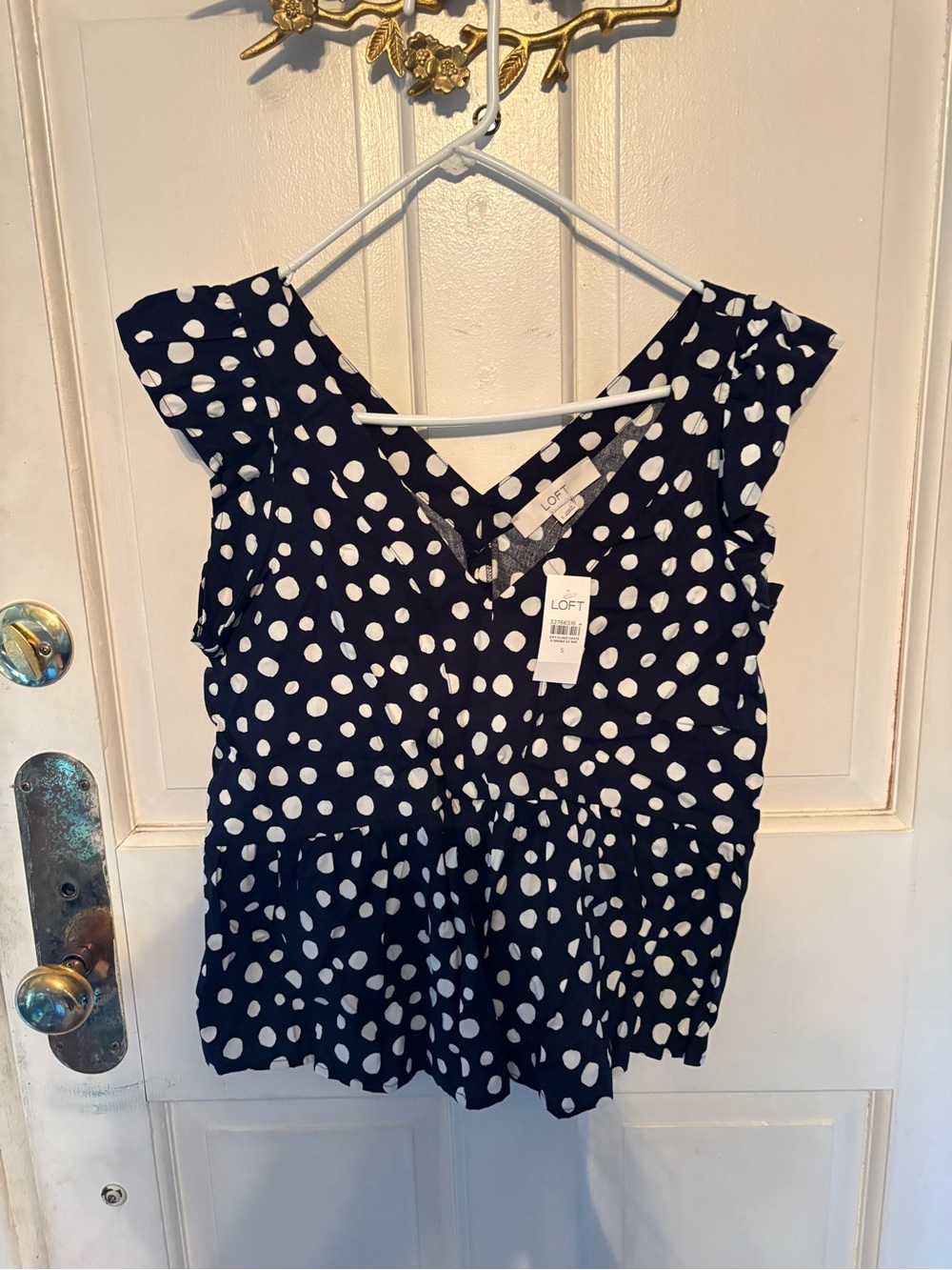 LOFT Navy and White Polka Dot Peplum Blouse